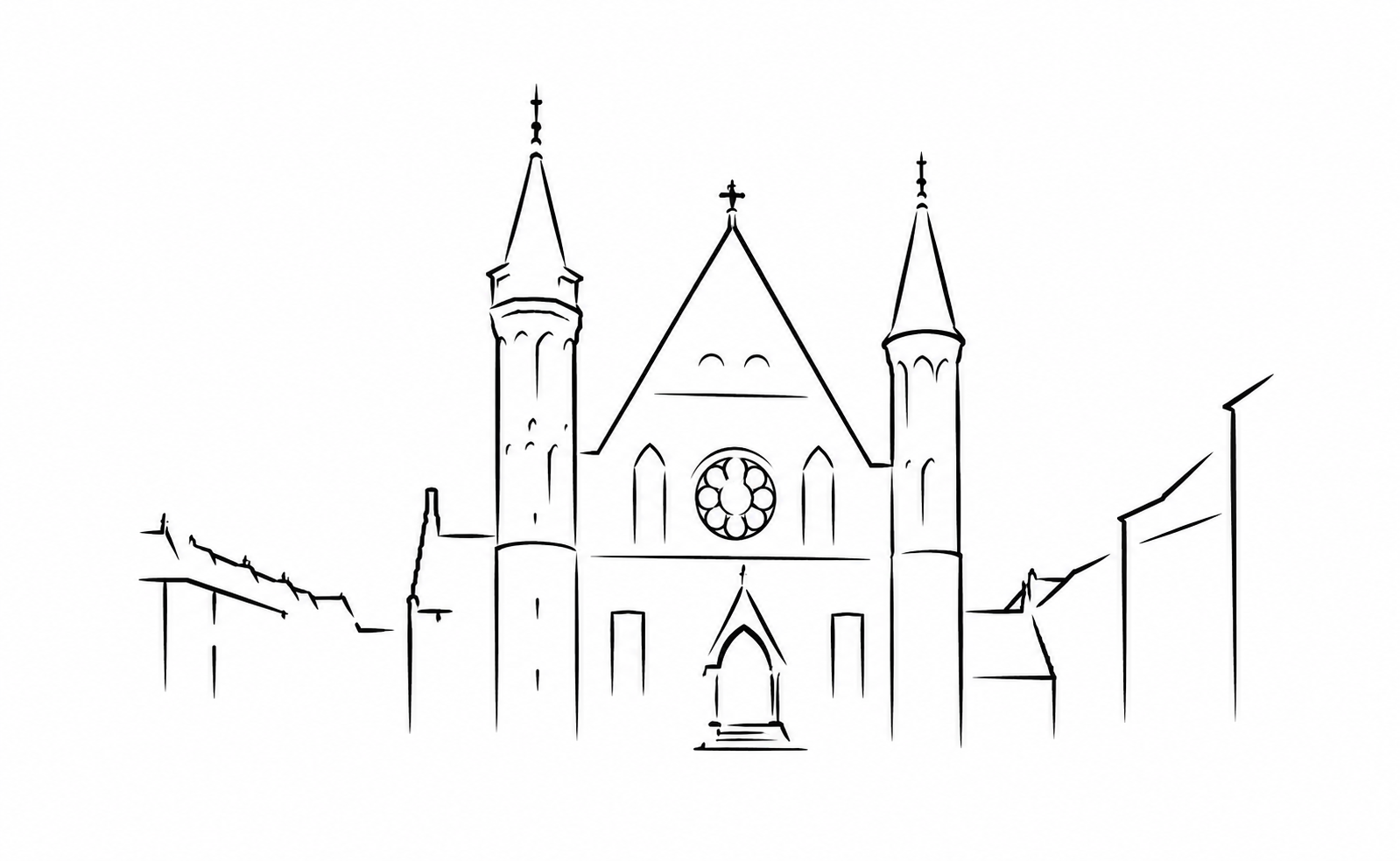Lijntekening van de Ridderzaal op het Binnenhof in Den Haag